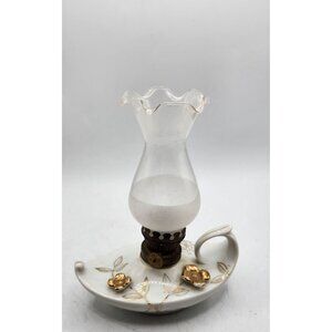 Porcelain Oil Lamp - Gold Flower  Glass Chimney - Vintage